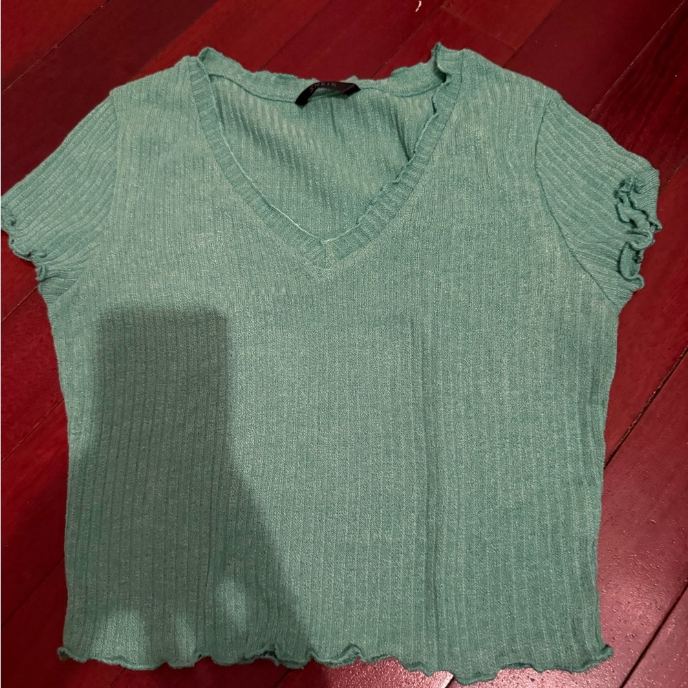 SHEIN Green Ribbed Fitted Short Sleeve Tee